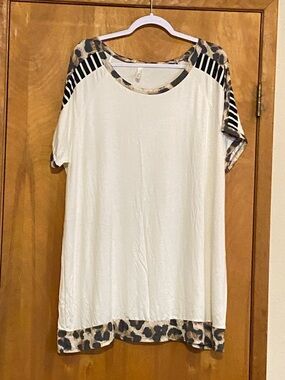 Celeste Cream Short-Sleeve Tunic with Leopard & Black Stripe Accents